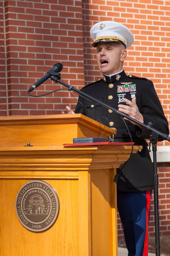 Lt. Col. Charles Daniel, the executive officer for Marine Light Attack Helicopter Squadron 773, speaks during Lance Cpl. Nicholas Smarr’s Navy and Marine Corps Medal presentation ceremony at Georgia Southwestern State University in Americus, Ga., Dec. 7, 2018. Smarr, a Reserve Marine, was posthumously awarded the Navy and Marine Corps Medal for his actions that cost him his life two years ago while serving as a police officer for the Americus Police Department. (U.S. Marine Corps photo by Cpl. Niles Lee)