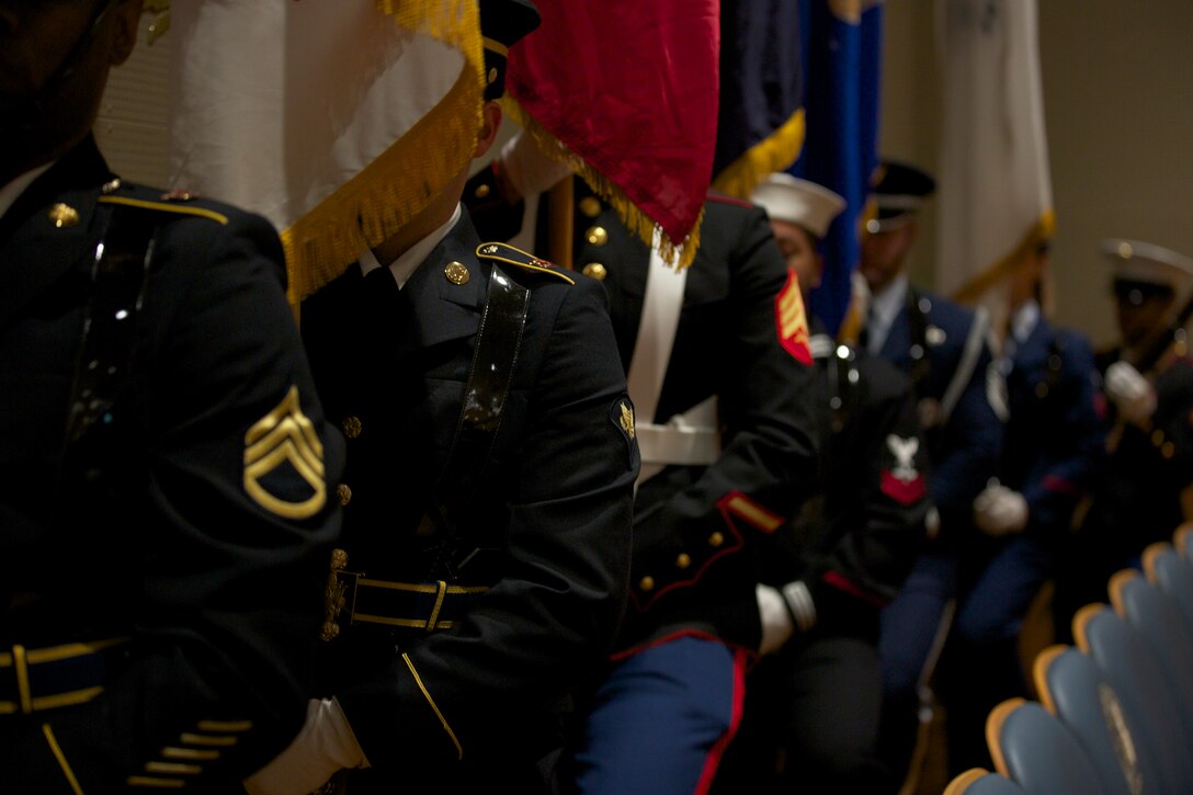 A joint service color guard retires the colors during the Annual State of the Military event held at New Orleans City Hall, Dec. 6, 2018. The annual conference is an opportunity for military services in the New Orleans area to provide a report to the New Orleans city council detailing the impact of military service members in their community. (U.S. Marine Corps photo by Sgt. Dante J. Fries)