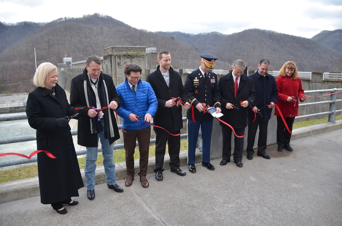 A ceremony to celebrate the installation of the final anchors in the Bluestone Dam on the New River at Hinton, W.Va., took place Dec. 7, 2018.