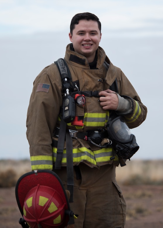 Staff Sgt. Brock Gladson, 49th Civil Engineer Squadron lead firefighter, poses for a personality portrait Dec. 3, 2018, on Holloman Air Force Base, Gladson enlisted in the Air Force as a firefighter in 2013. Today, he is the lead firefighter at Fire Station 3 on Holloman and a certified CPR instructor.  (U.S. Air Force photo by Airman 1st Class Kindra Stewart)