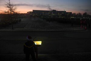 U.S. Army Col. Jennifer Walkawicz, 733rd Mission Support Group commander, addresses U.S. Army Soldiers before an installation formation run at Joint Base Langley-Eustis, Virginia, Dec. 6, 2018. The installation formation run marked the end of the Toys for Tots donation drive in which the JBLE community donated more than 6,600 toys. (U.S. Air Force photo by Senior Airman Derek Seifert)