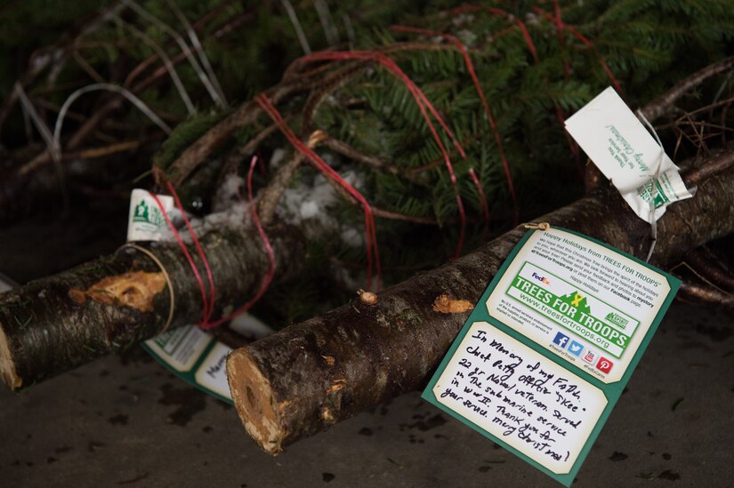 A message is placed on each tree from individuals who donated trees at Joint Base Langley-Eustis, Virginia, Dec. 7, 2018.