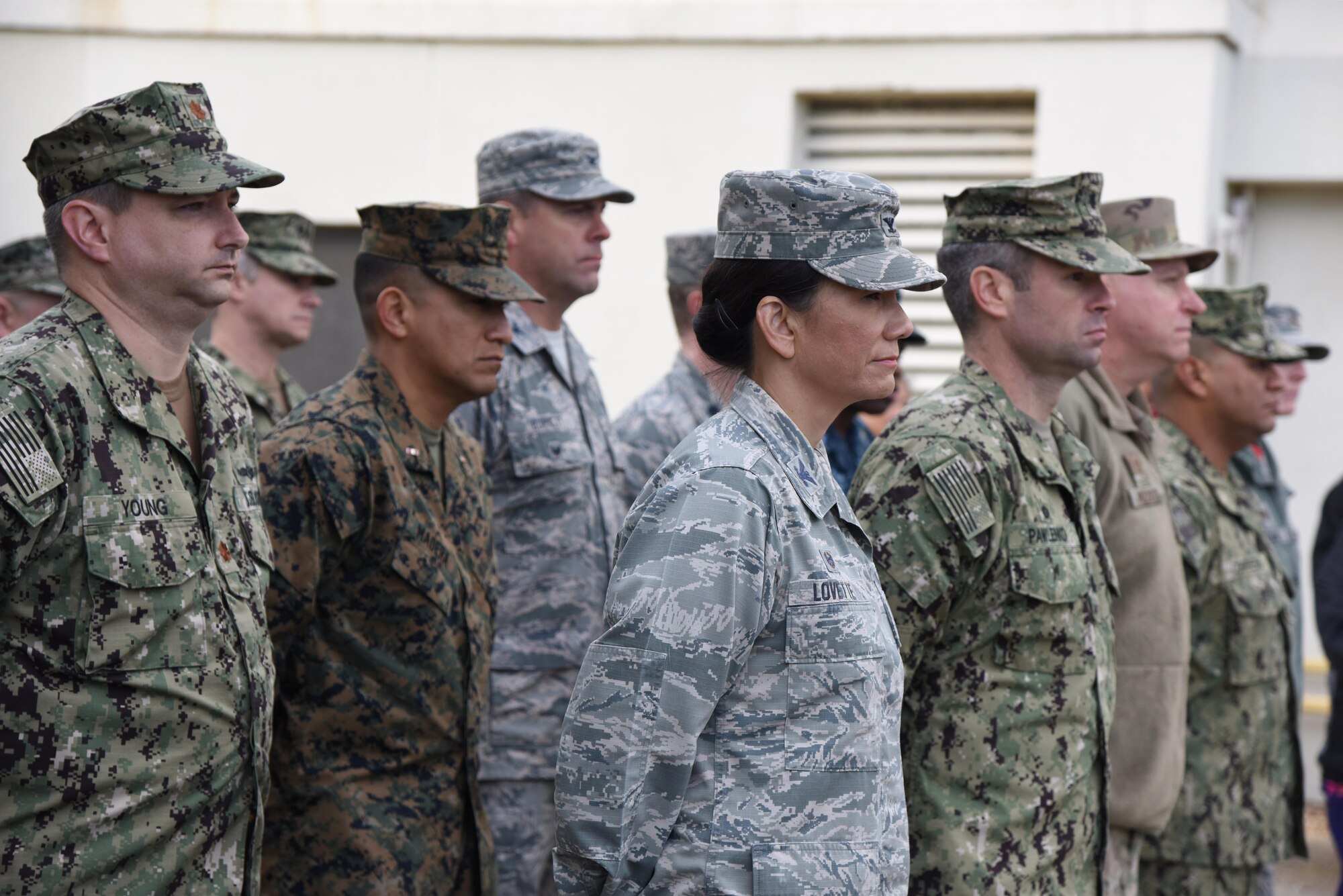 U.S. Air Force Col. Debra Lovette, 81st Training Wing commander, and Keesler personnel attend the Center for Naval Aviation Technical Training Unit Keesler Pearl Harbor 77th Anniversary Remembrance Ceremony at Keesler Air Force Base, Mississippi, Dec. 7, 2018. More than 100 Keesler personnel attended the event to honor those lost in the Dec. 7, 1941, Pearl Harbor attacks. (U.S. Air Force photo by Kemberly Groue)