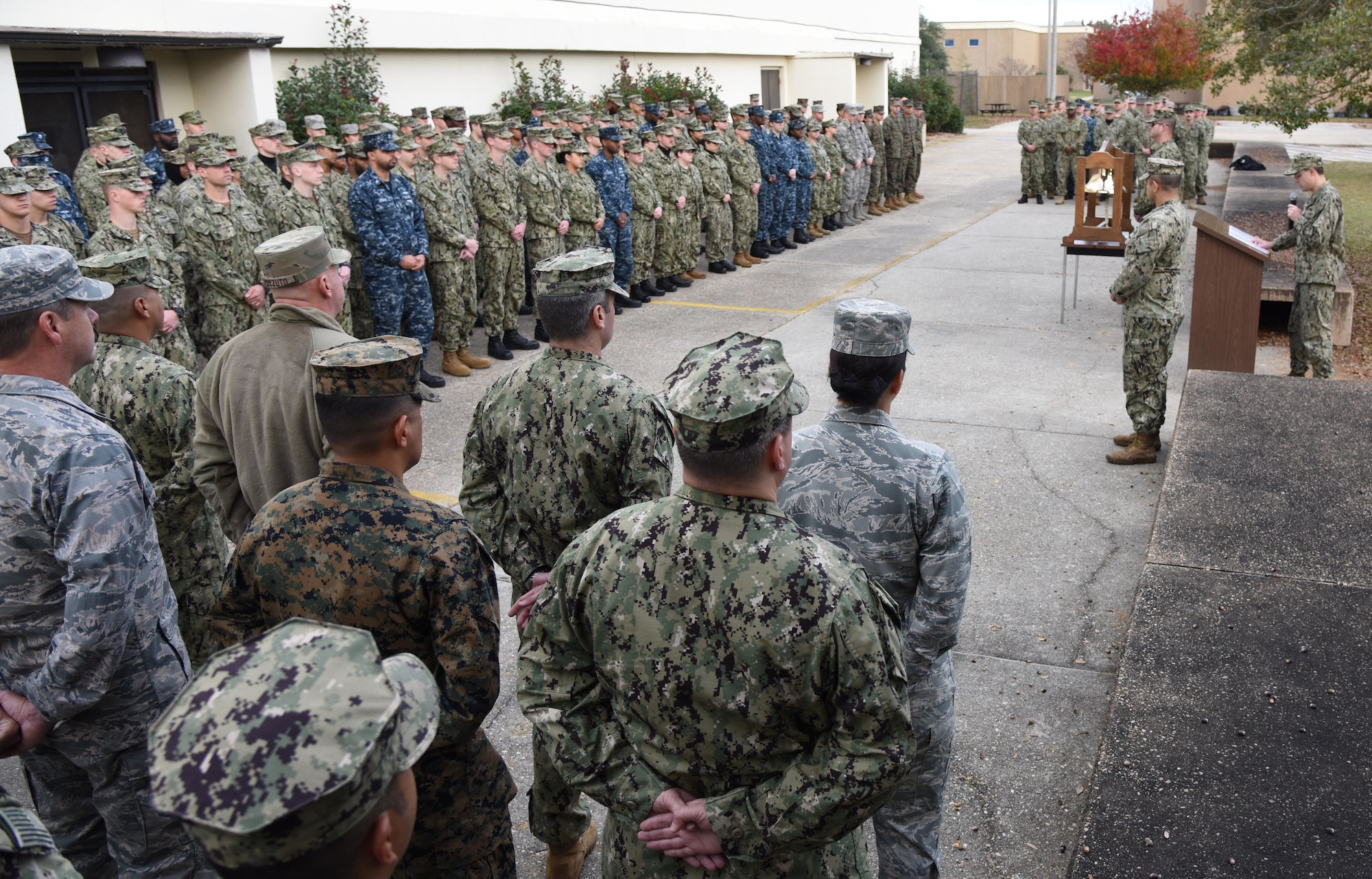 Keesler personnel attend the Center for Naval Aviation Technical Training Unit Keesler Pearl Harbor 77th Anniversary Remembrance Ceremony at Keesler Air Force Base, Mississippi, Dec. 7, 2018. More than 100 Keesler personnel attended the event to honor those lost in the Dec. 7, 1941, Pearl Harbor attacks. (U.S. Air Force photo by Kemberly Groue)