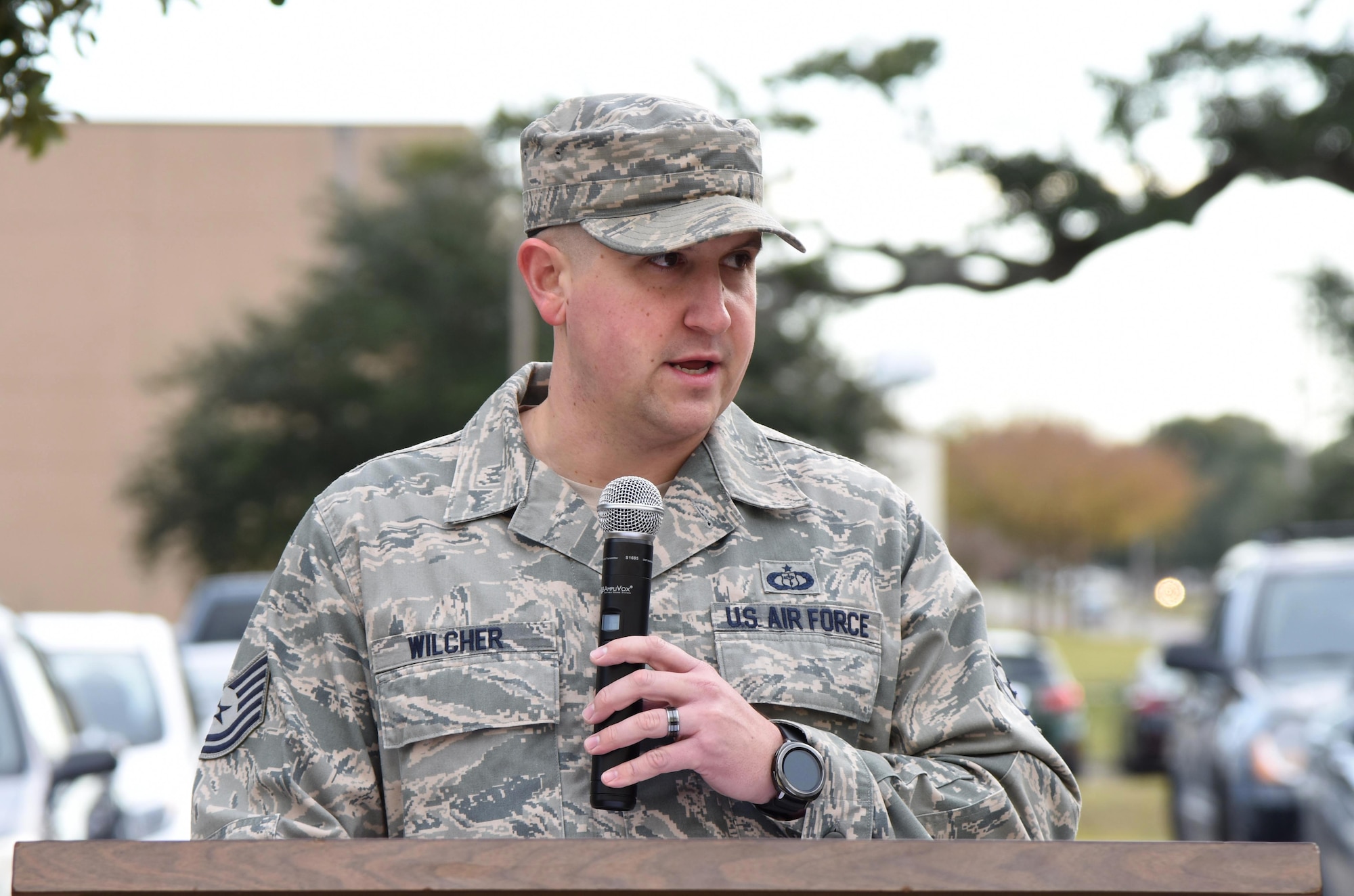 U.S. Air Force Tech. Sgt. Alec Wilcher, 335th Training Squadron instructor supervisor, delivers remarks during the Center for Naval Aviation Technical Training Unit Keesler Pearl Harbor 77th Anniversary Remembrance Ceremony at Keesler Air Force Base, Mississippi, Dec. 7, 2018. More than 100 Keesler personnel attended the event to honor those lost in the Dec. 7, 1941, Pearl Harbor attacks. (U.S. Air Force photo by Kemberly Groue)