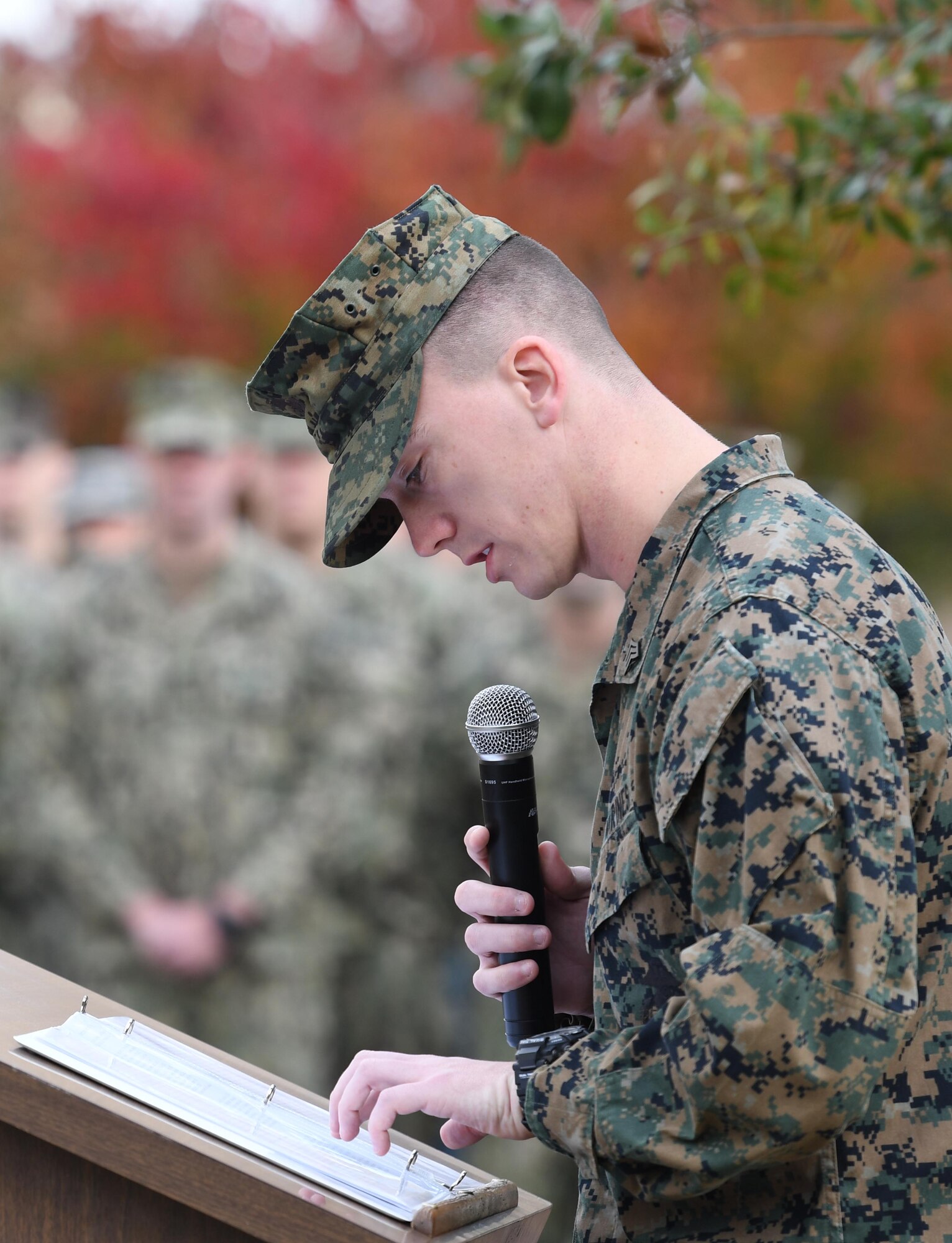 U.S. Marine Sgt. Brandon French, Keesler Marine Detachment instructor, delivers remarks during the Center for Naval Aviation Technical Training Unit Keesler Pearl Harbor 77th Anniversary Remembrance Ceremony on Keesler Air Force Base, Mississippi, Dec. 7, 2018. More than 100 Keesler personnel attended the event to honor those lost in the Dec. 7, 1941 Pearl Harbor attacks. (U.S. Air Force photo by Kemberly Groue)