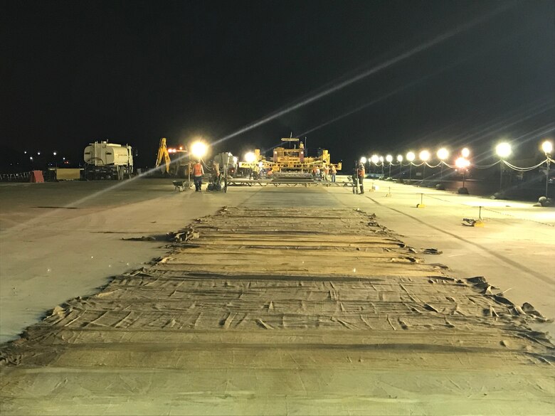 The Middle East District delivers U.S. military construction projects that support U.S. forces across the U.S. Central Command area of responsibility and carries out projects through the Defense Department’s security assistance program working with allied partner nations in the region. Here, contractors work at night to finish runway repairs at an undisclosed location in the Middle East. You can read more about the District’s airfield pavement work in support of USCENTCOM here: https://www.army.mil/article/212271/usace_district_paves_the_way_to_improved_process