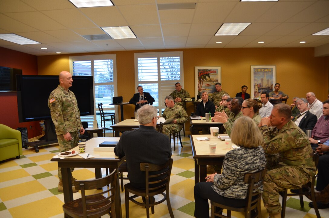 Transatlantic Division brought together leaders from the Transatlantic Afghanistan District, Middle East District, Task Force Essayons and Mosul Dam Task Force for a strategic planning session to examine workload projections, discuss customer requirements, and develop metrics. Here, Maj. Gen. Anthony C. Funkhouser, USACE Deputy Commanding General for Military and International Operations, addresses participants.