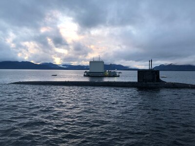 The Virginia-class fast-attack submarine USS Texas (SSN 775) sits surfaced in Naval Surface Warfare Center, Carderock Division's Southeast Alaska Acoustic Measurement Facility (SEAFAC) static site on Oct. 26, 2018. (U.S. Navy photo by Kelley Stirling/Released)