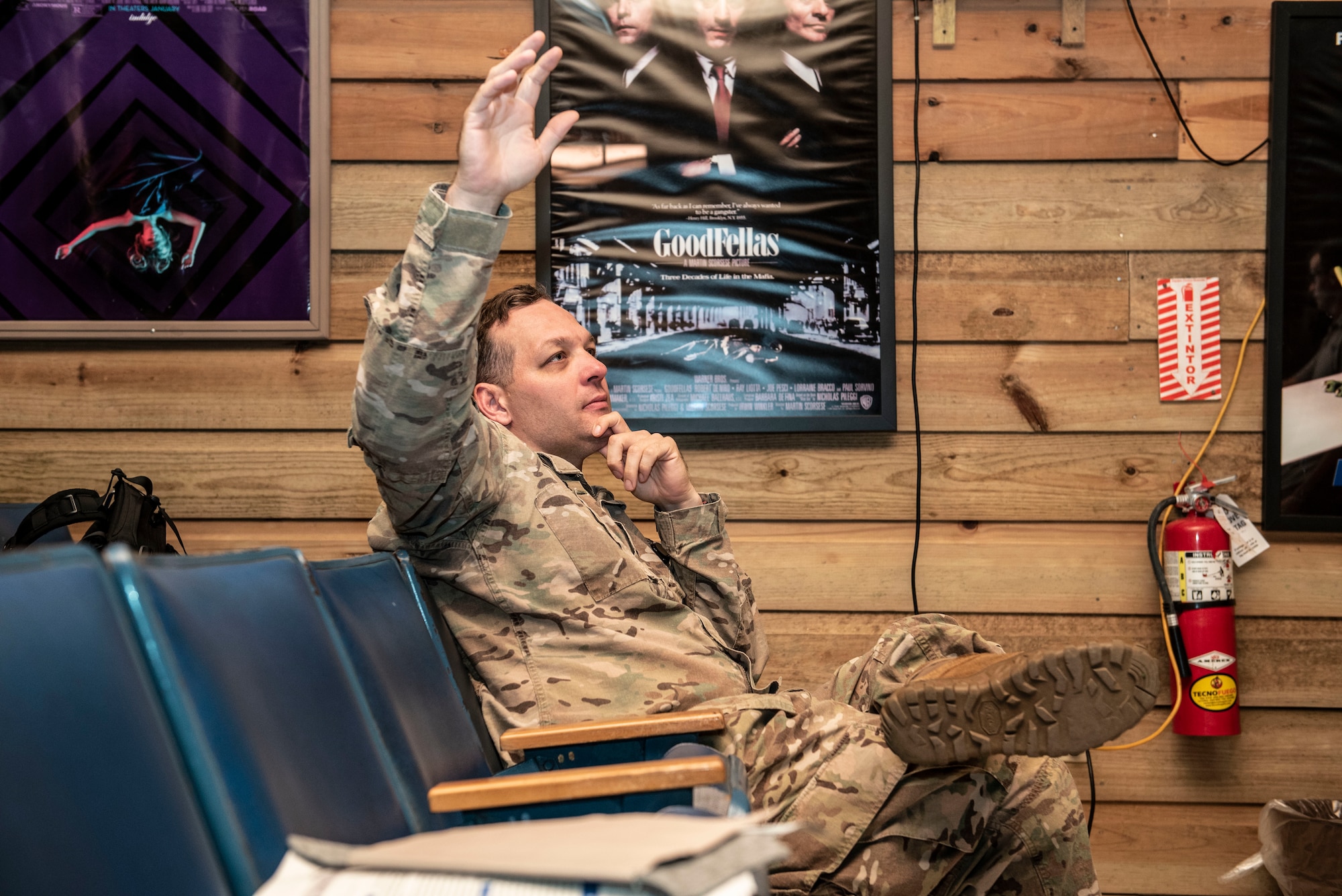 U.S. Army Maj. Bradley Denisar, Army Forces Battalion executive officer, raises his hand during a Joint Humanitarian Operations Course at Soto Cano Air Base, Honduras, Dec. 3, 2018.