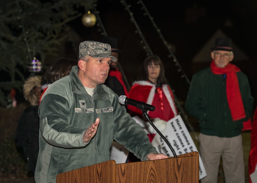U.S. Air Force Col. Sean Tyler, 633rd Air Base Wing commander, gives opening remarks during the Holiday Tree Lighting ceremony at Langley Air Force Base, Virginia, Dec. 6, 2018.