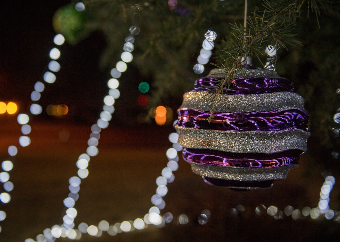 A decoration hangs from the Christmas tree during the Holiday Tree Lighting ceremony at Langley Air Force Base, Virginia, Dec. 6, 2018.