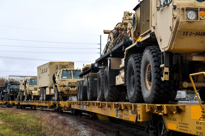 A train brings in military equipment for an armored brigade deployment Dec. 10, 2018, at Joint Base Charleston, S.C.