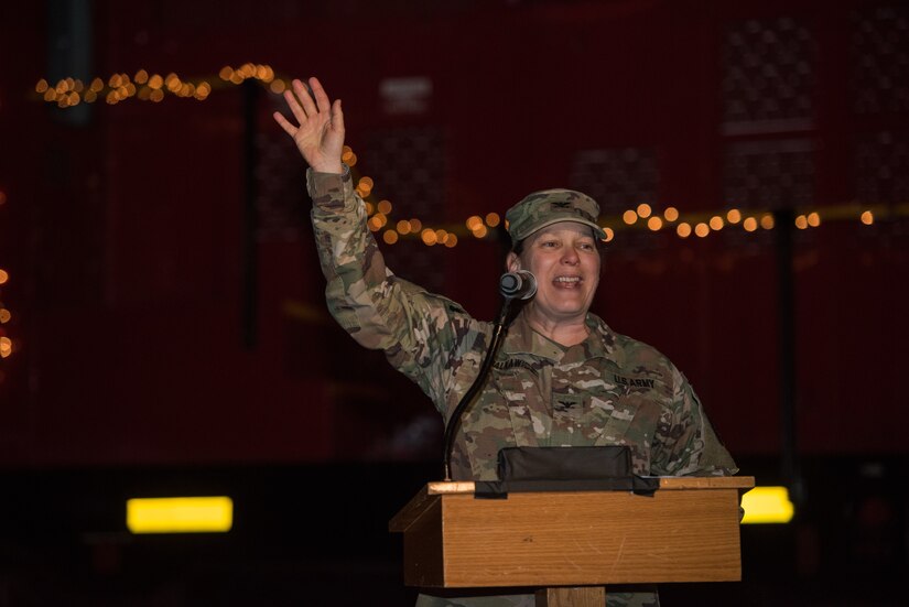 U.S. Army Col. Jennifer Walkawicz, 733rd Mission Support Group commander, speaks during the Holiday Tree Lighting ceremony at Fort Eustis, Virginia, Dec. 7, 2018.