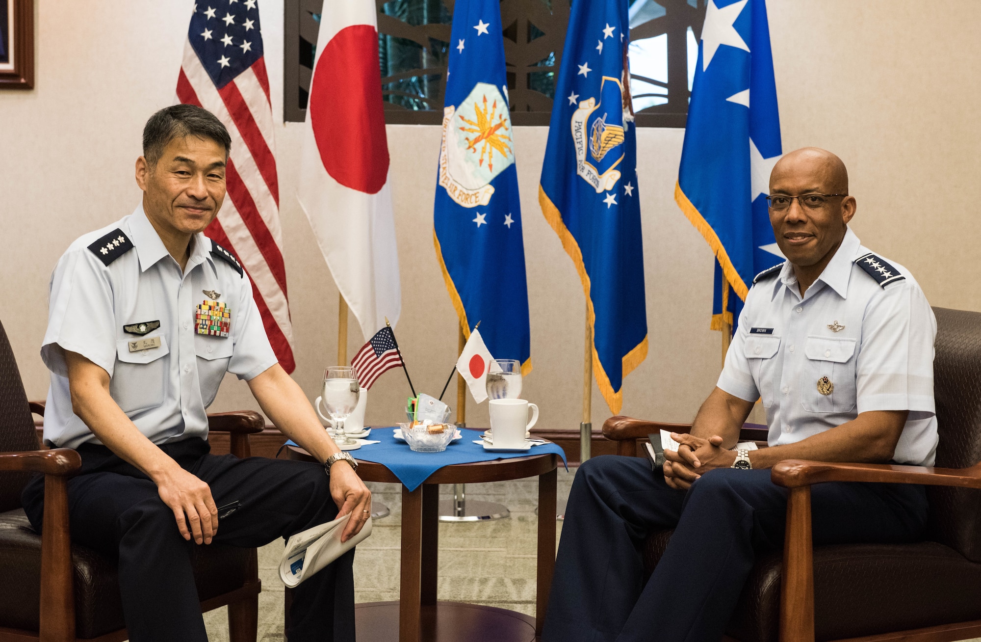 Gen. CQ Brown, Jr., Pacific Air Forces commander, hosted Gen. Yoshinari Marumo, Japanese Air Self-Defense Force chief of staff, at Headquarters PACAF on Joint Base Pearl Harbor-Hickam, Hawaii, Dec. 4, 2018. As part of his trip, Marumo met with PACAF leadership to discuss the PACAF strategy and future engagements. The U.S. and Japan routinely work together to promote security cooperation and support a free and open Indo-Pacific region. (U.S. Air Force photo/Staff Sgt. Hailey Haux)