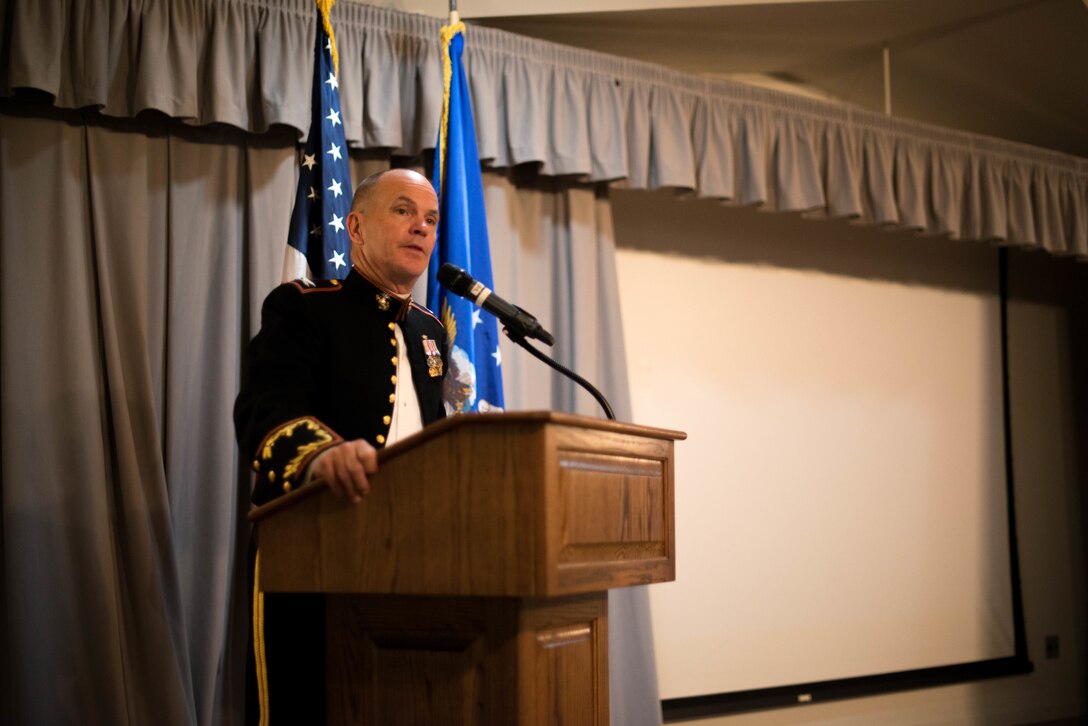 Retired U.S. Marine test pilot and NASA astronaut, Col. Frederick Sturckow, was the featured speaker of the TPS Class 18A's graduation ceremony at Club Muroc Dec. 7. Sturckow is a U.S. Air Force Test Pilot School graduate, four-time space shuttle mission astronaut and commercial spacecraft pilot. (U.S. Air Force photo by Joe Jones)