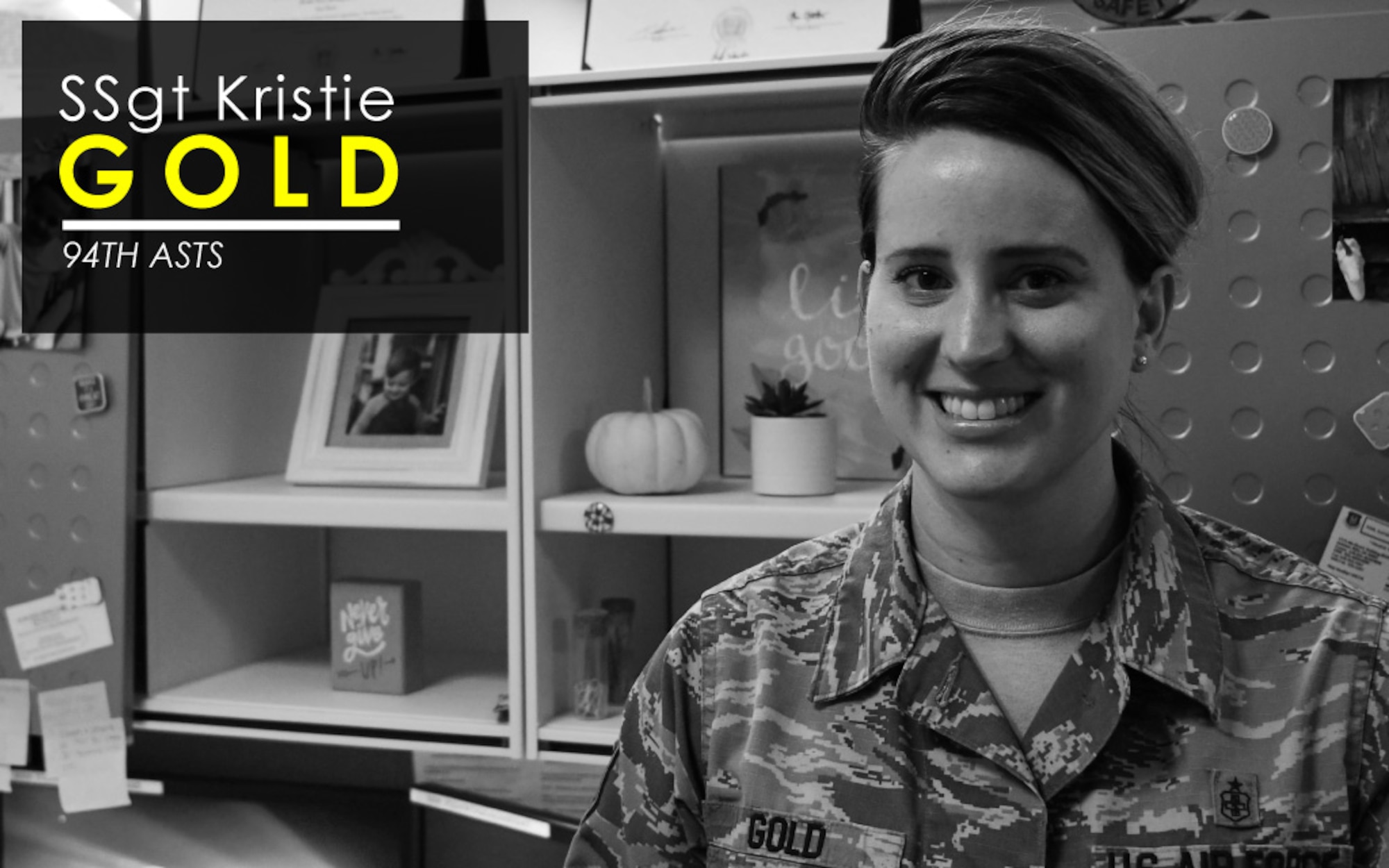 This week’s Up Close features Staff Sgt. Kristie Gold, 94th Aeromedical Staging Squadron NCOIC of command support staff. Up Close is a series spotlighting individuals around Dobbins Air Reserve Base. (U.S. Air Force graphic/Staff Sgt. Andrew Park)