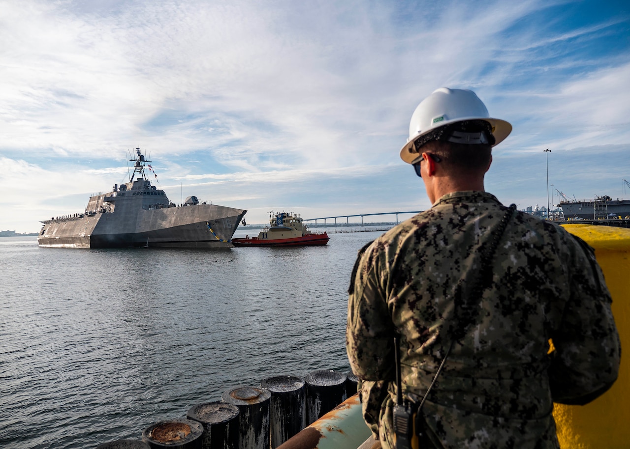 The future USS Tulsa arrives at its new homeport, Naval Base San Diego, Calif., after completing its maiden voyage from the Austal USA shipyard in Mobile, Ala.