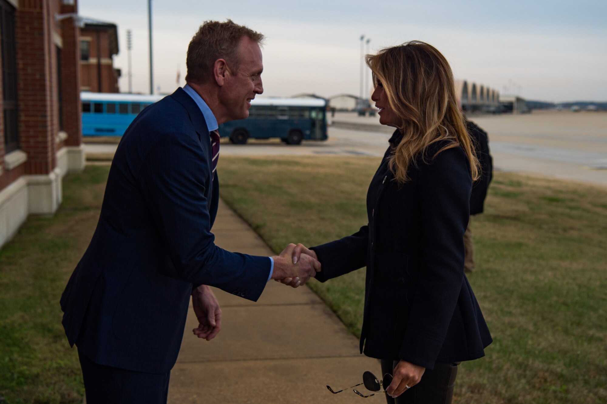 U.S. Deputy Secretary of Defense Patrick M. Shanahan greets First Lady Melania Trump at Joint Base Langley-Eustis, Virginia, Dec. 12, 2018.