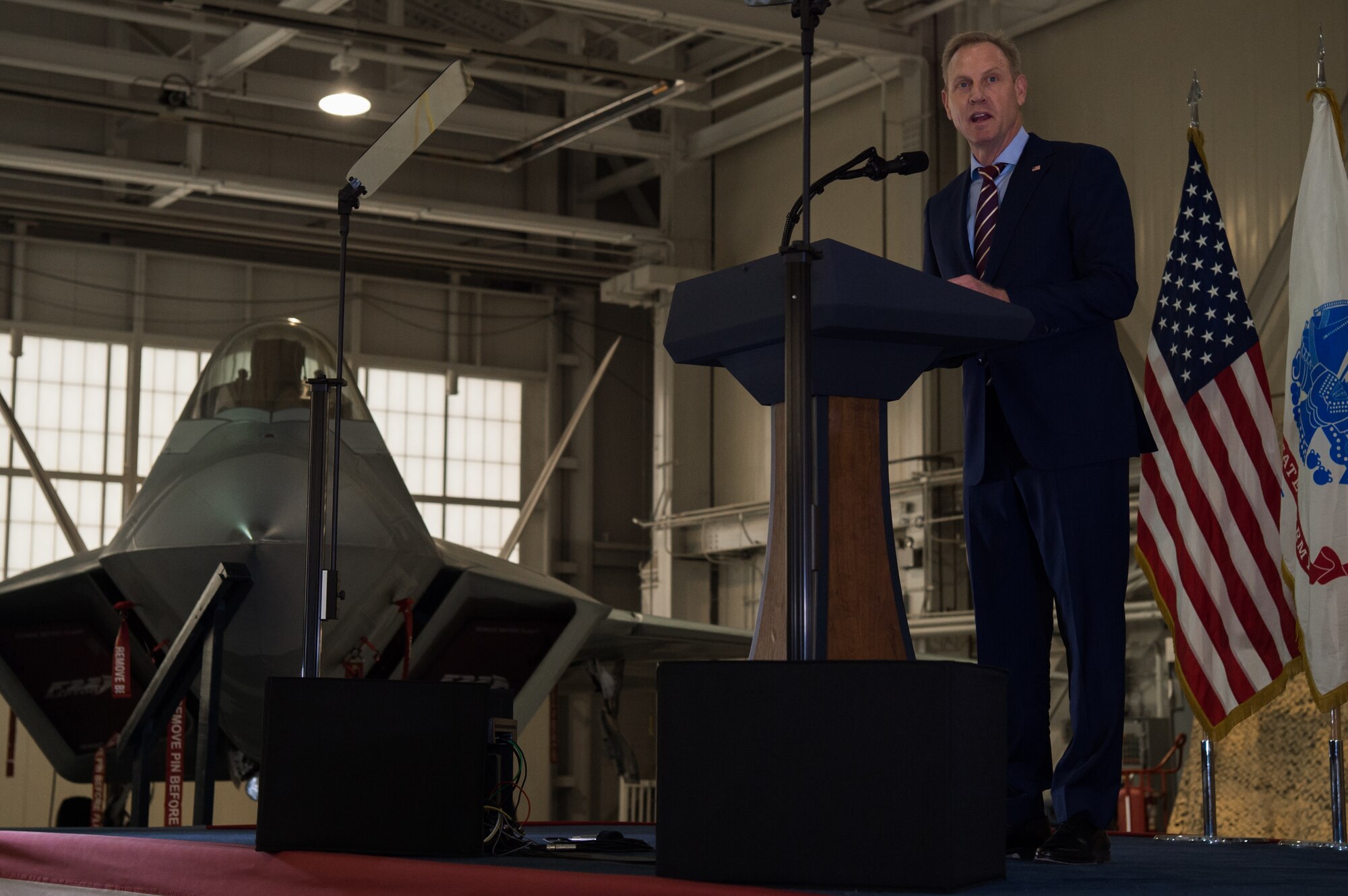 U.S. Deputy Secretary of Defense Patrick M. Shanahan speaks to U.S. Army Soldiers, U.S. Air Force Airmen and local school children at Joint Base Langley-Eustis, Virginia, Dec. 12, 2018.