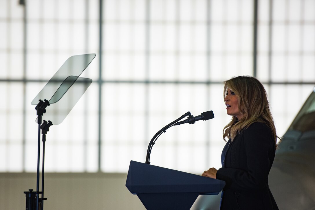 First Lady Melania Trump speaks to U.S. Army Soldiers, U.S. Air Force Airmen and local school children at Joint Base Langley-Eustis, Virginia, Dec. 12, 2018.