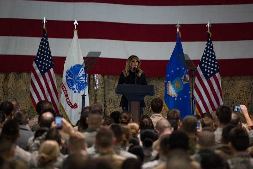 First Lady Melania Trump speaks to U.S. Army Soldiers, U.S. Air Force Airmen and local school children at Joint Base Langley-Eustis, Virginia, Dec. 12, 2018.