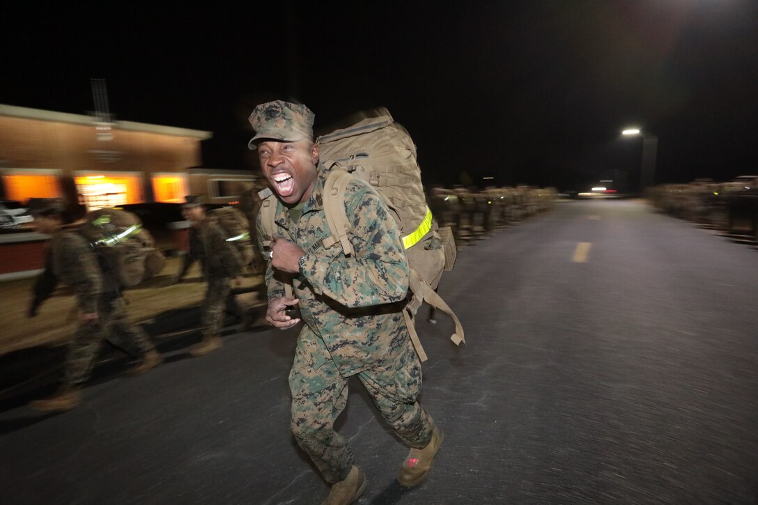 Marines with Marine Corps Logistics Base Albany commemorated the 77th anniversary of the attack of Pearl Harbor with a 3-mile Warrior Hike aboard the installation, Dec. 7. The attack was a surprise military strike by the Imperial Japanese Navy Air Service against the United States naval base at Pearl Harbor, Hawaii Territory, on the morning of Dec. 7, 1941. More than 50 Marines took the hike to remember the lessons learned from the attack and why it's important to always train and be ready for the unknown. (U.S. Marine Corps photo by Re-Essa Buckels)