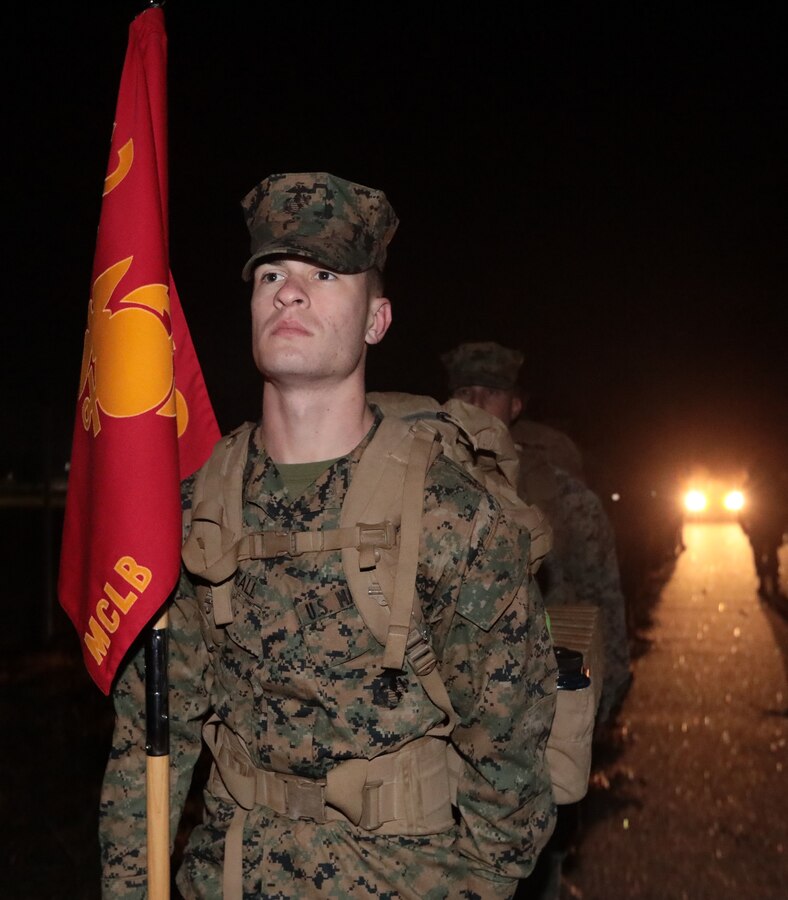 Marines with Marine Corps Logistics Base Albany commemorated the 77th anniversary of the attack of Pearl Harbor with a 3-mile Warrior Hike aboard the installation, Dec. 7. The attack was a surprise military strike by the Imperial Japanese Navy Air Service against the United States naval base at Pearl Harbor, Hawaii Territory, on the morning of Dec. 7, 1941. More than 50 Marines took the hike to remember the lessons learned from the attack and why it's important to always train and be ready for the unknown. (U.S. Marine Corps photo by Re-Essa Buckels)