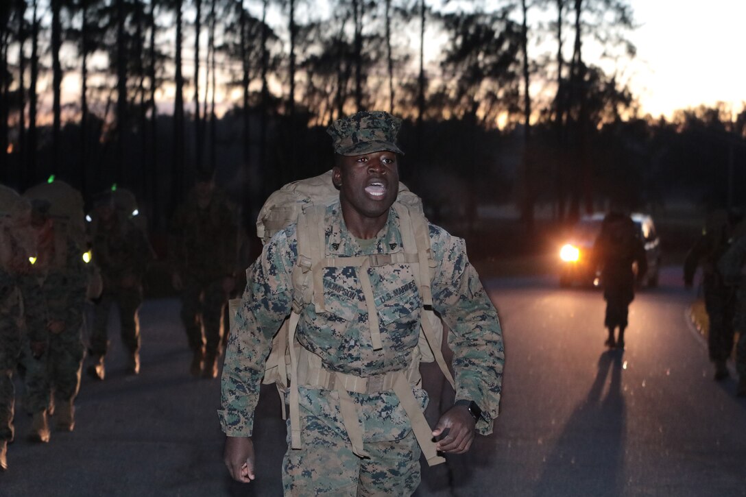 Marines with Marine Corps Logistics Base Albany commemorated the 77th anniversary of the attack of Pearl Harbor with a 3-mile Warrior Hike aboard the installation, Dec. 7. The attack was a surprise military strike by the Imperial Japanese Navy Air Service against the United States naval base at Pearl Harbor, Hawaii Territory, on the morning of Dec. 7, 1941. More than 50 Marines took the hike to remember the lessons learned from the attack and why it's important to always train and be ready for the unknown. (U.S. Marine Corps photo by Re-Essa Buckels)