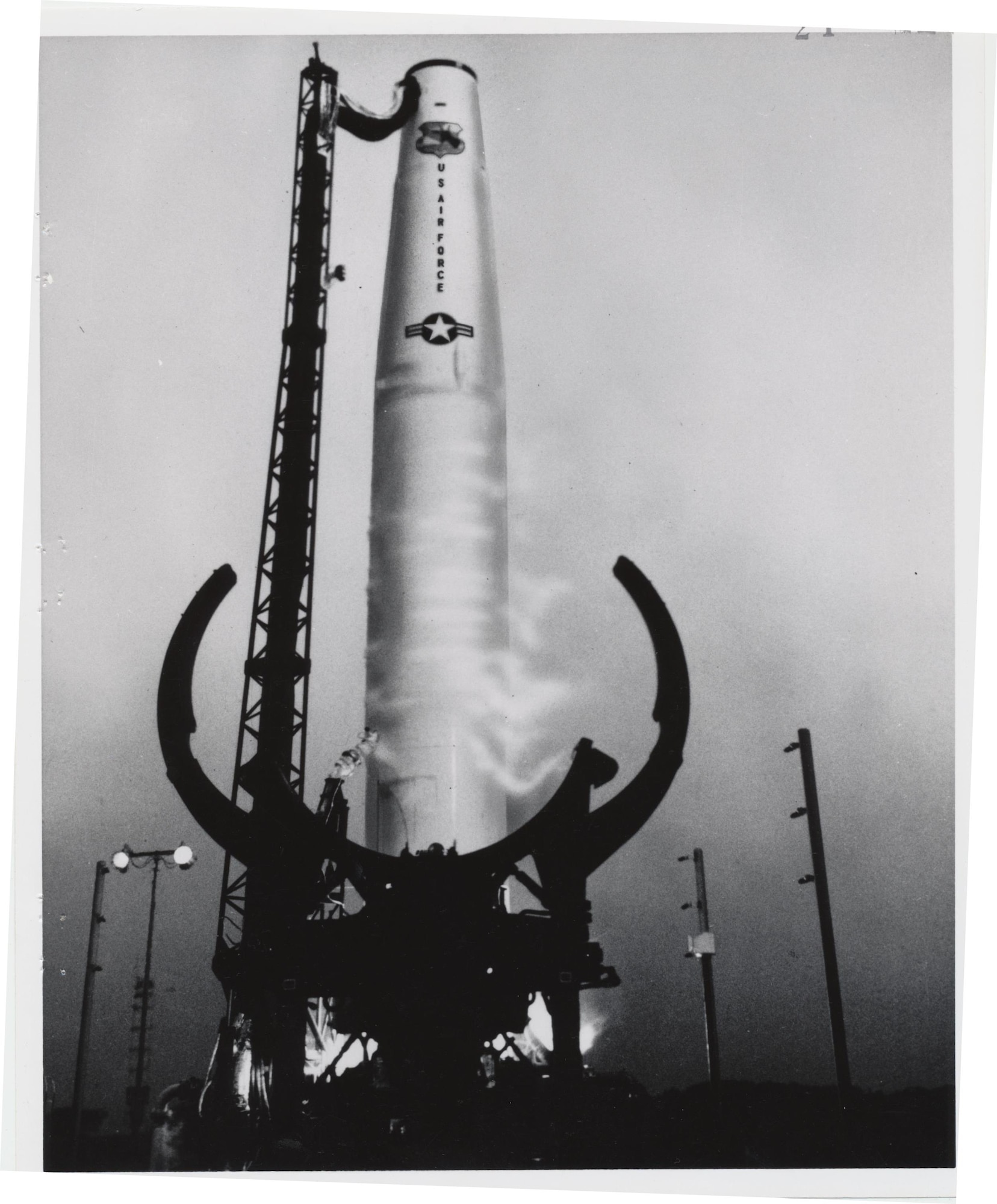 A Thor Intermediate Range Ballistic Missile, nicknamed “Tune Up”, prepares to depart from Launch Facility 75-1-1, Dec. 16, 1958, Vandenberg Air Force Base, Calif. Demonstrating operational capability, the successful test was conducted only a year after the base was activated -- and ignited a launch legacy spanning more than five decades. (Courtesy photo)
