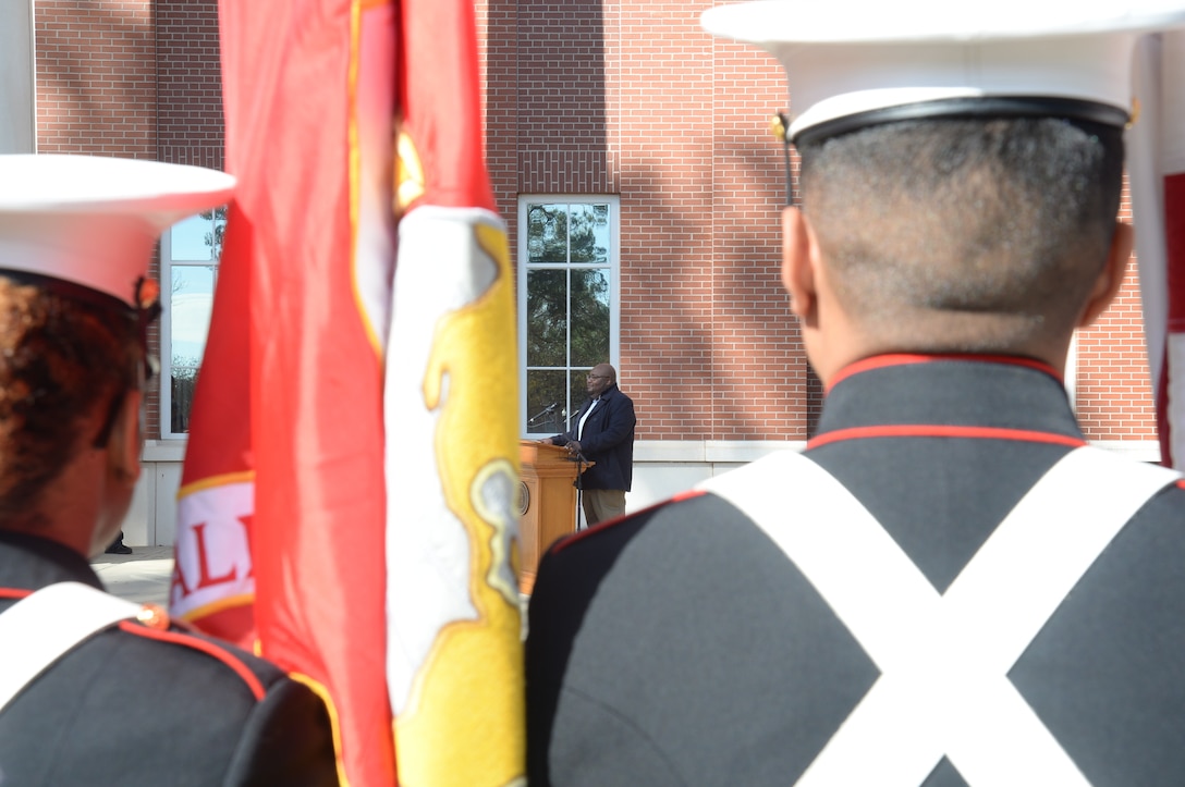 The Navy and Marine Corps Medal and citation are posthumously awarded to Lance Cpl. Nicholas R. Smarr, a Reserve Marine killed in the line of duty while serving as a police officer for the Americus Police Department in Americus, Ga., Dec. 7, 2018. The Navy and Marine Corps Medal is the highest non-combat decoration awarded for heroism by the Department of Defense. (U.S. Marine Corps photo by Pamela Jackson)