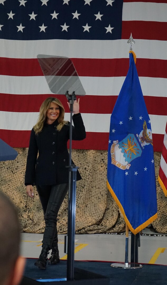 First Lady Melania Trump visited Joint Base Langley-Eustis Soldiers and Airmen, Dec. 12, 2018. Mrs. Trump addressed the service members, DoD civilians, family members and students from across Hampton Roads taking time to shake their hands and pose for photographs in an aircraft hangar at the 1st Fighter Wing. (Courtesy photo by David Phillips/ Released)