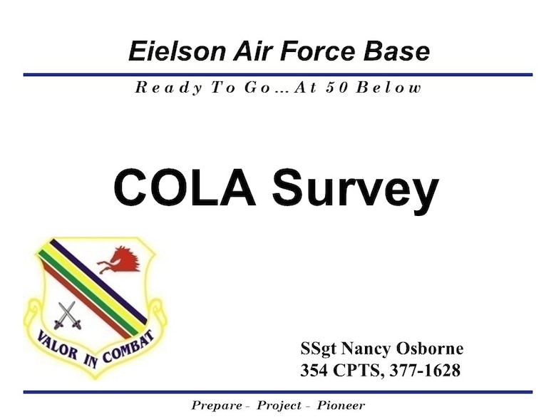 The 354th Comptroller Squadron of Eielson Air Force Base created Cost of Living Allowance (COLA) Survey slides to inform active duty members and families on the importance of participation in the COLA Survey for Alaska. (Graphic slide created by 354th Comptroller Squadron)