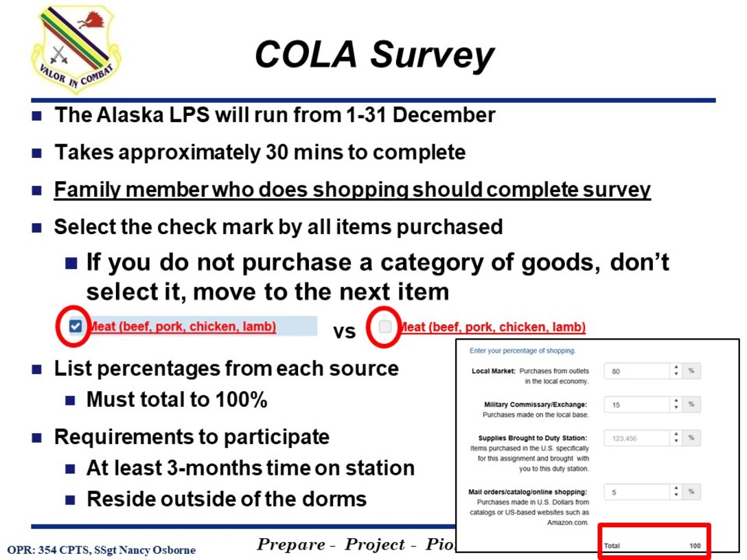 The 354th Comptroller Squadron of Eielson Air Force Base created Cost of Living Allowance (COLA) Survey slides to inform active duty members and families on the importance of participation in the COLA Survey for Alaska. (Graphic slide created by 354th Comptroller Squadron)