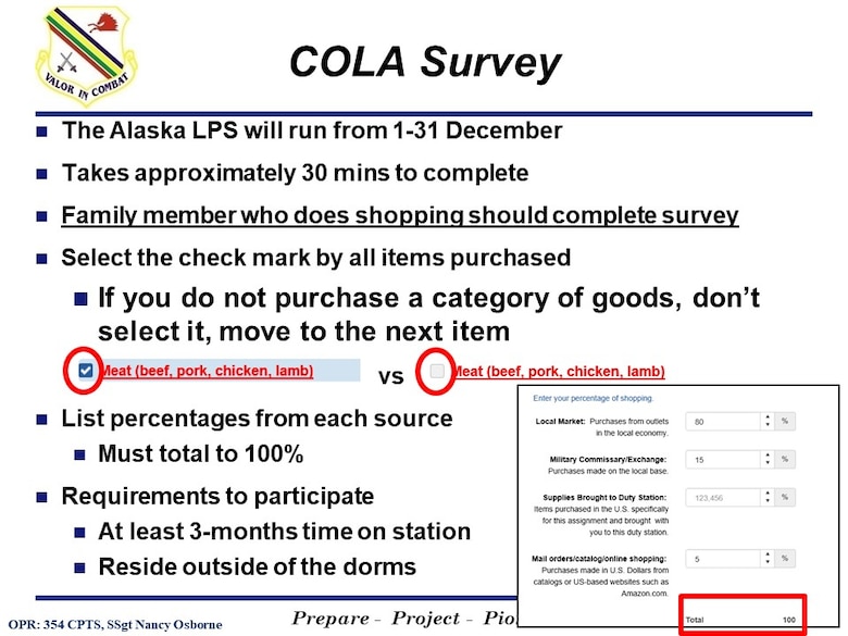 The 354th Comptroller Squadron of Eielson Air Force Base created Cost of Living Allowance (COLA) Survey slides to inform active duty members and families on the importance of participation in the COLA Survey for Alaska. (Graphic slide created by 354th Comptroller Squadron)