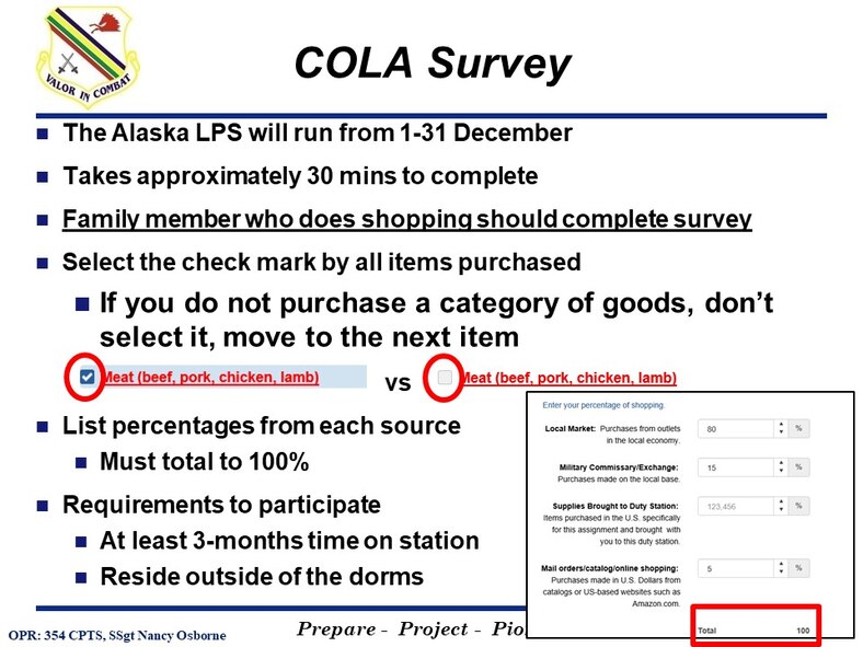 The 354th Comptroller Squadron of Eielson Air Force Base created Cost of Living Allowance (COLA) Survey slides to inform active duty members and families on the importance of participation in the COLA Survey for Alaska. (Graphic slide created by 354th Comptroller Squadron)