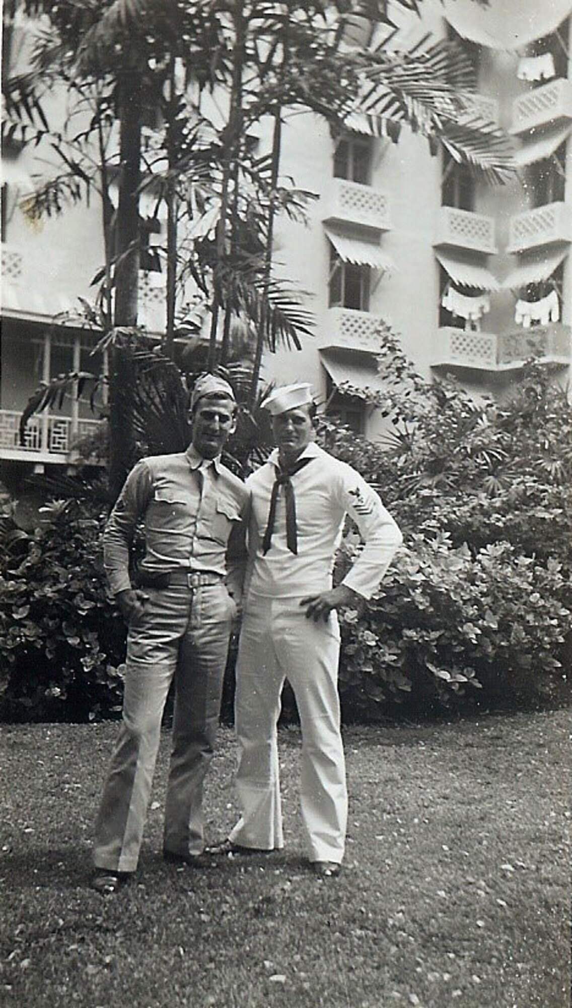 U.S. Army Air Forces Specialist Ralph Yeager and his brother, U.S. Navy Petty Officer 1st Class Charles Yeager, meet in Honolulu, Hawaii, while on leave during World War II. (Courtesy photo)