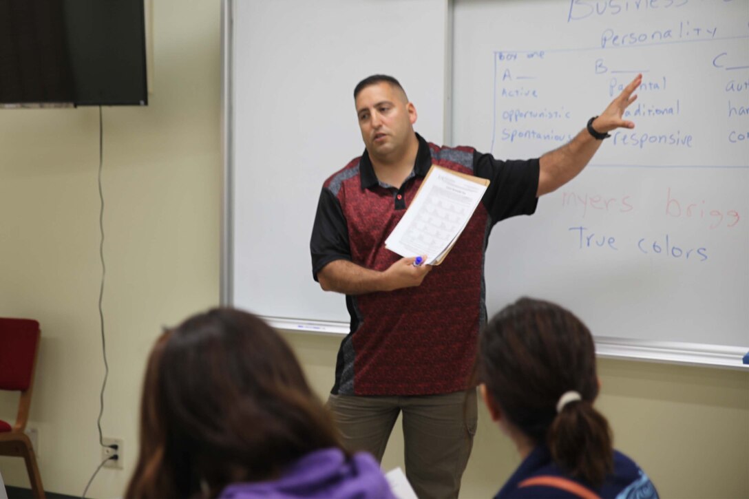 Master Sgt. Anthony Camina, Ground Electronics Systems Maintenance Chief with 3rd Intelligence Battalion, III Marine Expeditionary Force Information Group, who has teaching English to local residents every week for last 3 years at Camp Schwab.