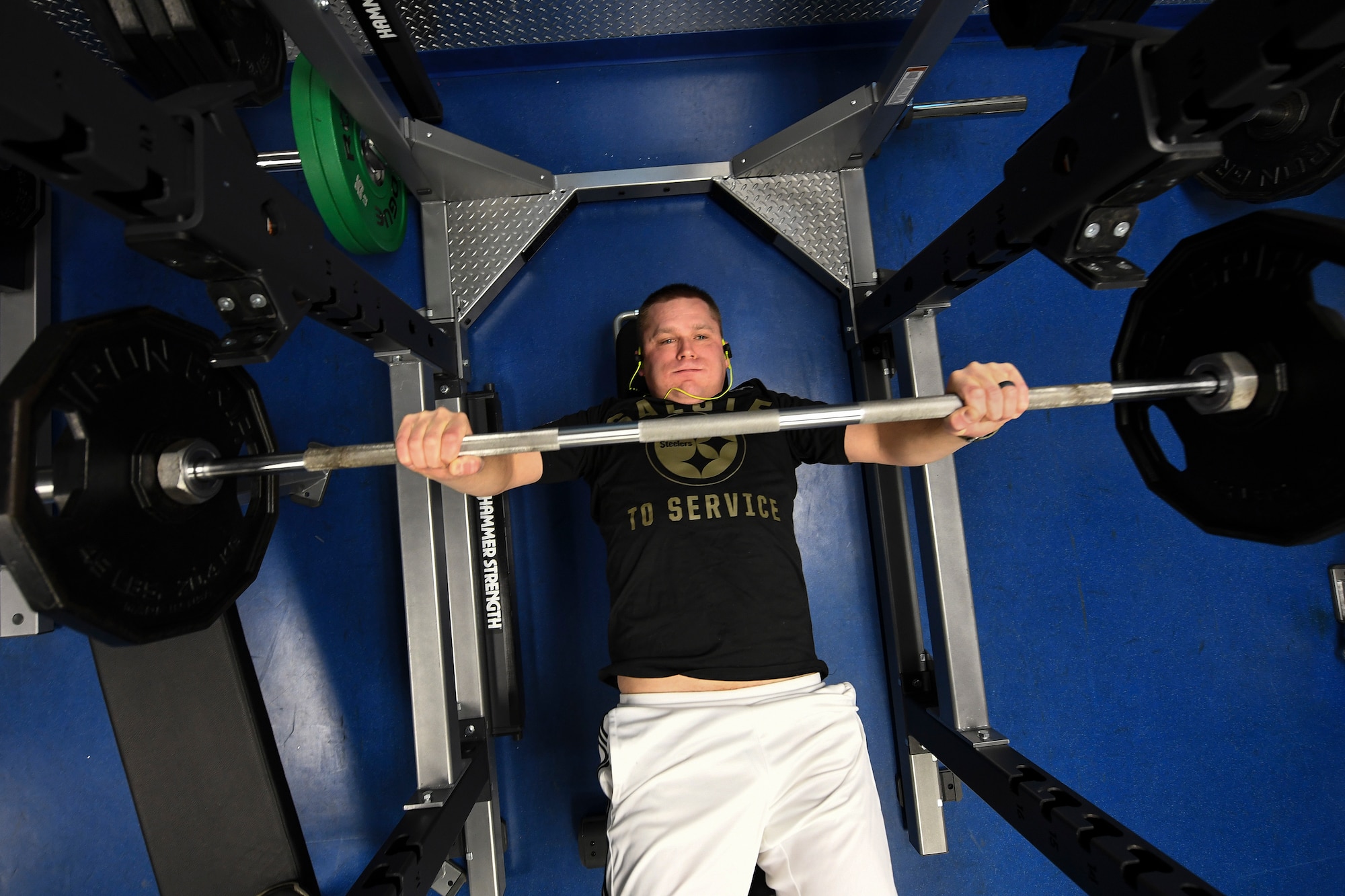 Maj. Christopher Repin, operations officer with the 2nd Infantry Brigade Combat Team, performs a declined bench press repetition at Pittsburgh IAP ARS, Pennsylvania, December 11, 2018. The 911th Airlift Wing Fitness Center replaced some of their old equipment with brand new equipment at the end of November, this includes all brand new gym equipment in the free-weight room. (U.S. Air Force photo by Joshua J. Seybert)