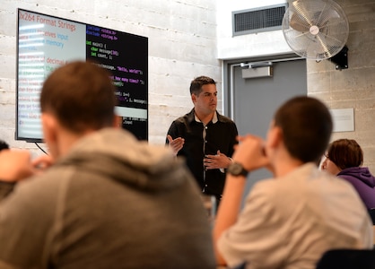 Staff Sgt. Justin Gonzalez, 33rd Network Warfare Squadron  incident response operator, and GhostWire Academy course developer and co-founder, hosts a Network+ class in San Antonio, Oct. 21, 2018. The academy is a free cyber certification training and award organization which serves San Antonio teenagers. (U.S. Air Force photo by Tech. Sgt. R.J. Biermann)