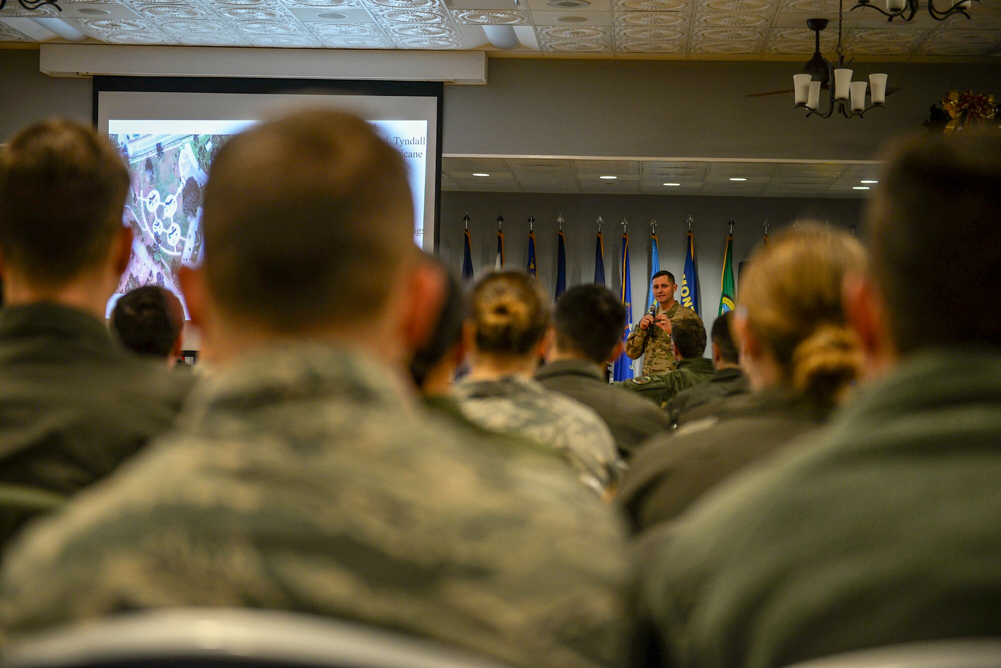 Master Sgt. Benjamin Leininger, assigned to the 822nd Base Defense Squadron at Moody Air Force Base, Georgia, speaks to members of Team Blaze during Fight’s On: Airmen Hackin’ the Mish, Dec. 7, 2018, on Columbus Air Force Base, Mississippi. Representatives from various career fields across the Air Force spoke to members of Team BLAZE about their combat missions and experiences in today’s Air Force. (U.S. Air Force photo by Airman Hannah Bean)