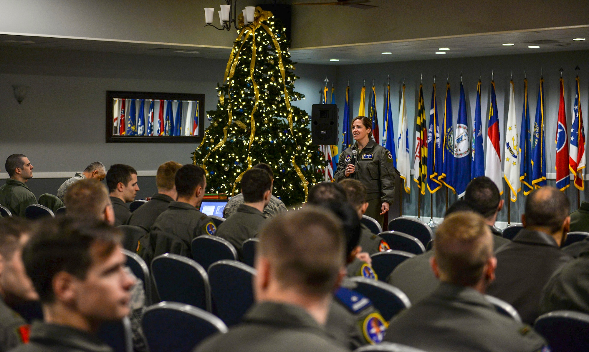 Col. Samantha Weeks, 14th Flying Training Wing commander, welcomes members of Team BLAZE to Fight’s On: Airmen Hackin’ the Mish, a professional development day, Dec. 7, 2018, on Columbus Air Force Base, Mississippi. This Airmen Development initiative hosted representatives from various career fields from across the Air Force. 14th FTW Airmen listened first-hand to battlefield Airmen’s combat stories to help understand the Wing’s contribution to developing combat Airmen. (U.S. Air Force photo by Airman Hannah Bean)