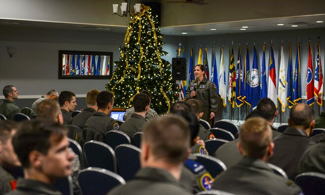 Col. Samantha Weeks, 14th Flying Training Wing commander, welcomes members of Team BLAZE to Fight’s On: Airmen Hackin’ the Mish, a professional development day, Dec. 7, 2018, on Columbus Air Force Base, Mississippi. This Airmen Development initiative hosted representatives from various career fields from across the Air Force. 14th FTW Airmen listened first-hand to battlefield Airmen’s combat stories to help understand the Wing’s contribution to developing combat Airmen. (U.S. Air Force photo by Airman Hannah Bean)