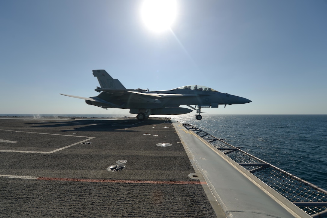 An F/A-18F Super Hornet, assigned to Strike Fighter Squadron (VFA) 41, launches from a steam-powered catapult off the flight deck of the aircraft carrier USS John C. Stennis (CVN 74) in the Arabian Sea, Dec. 10, 2018. The John C. Stennis Carrier Strike Group is deployed to the U.S. 5th Fleet area of operations in support of naval operations to ensure maritime stability and security in the Central Region, connecting the Mediterranean and the Pacific through the western Indian Ocean and three strategic choke points. (U.S. Navy photo by Mass Communication Specialist 3rd Class Grant G. Grady)
