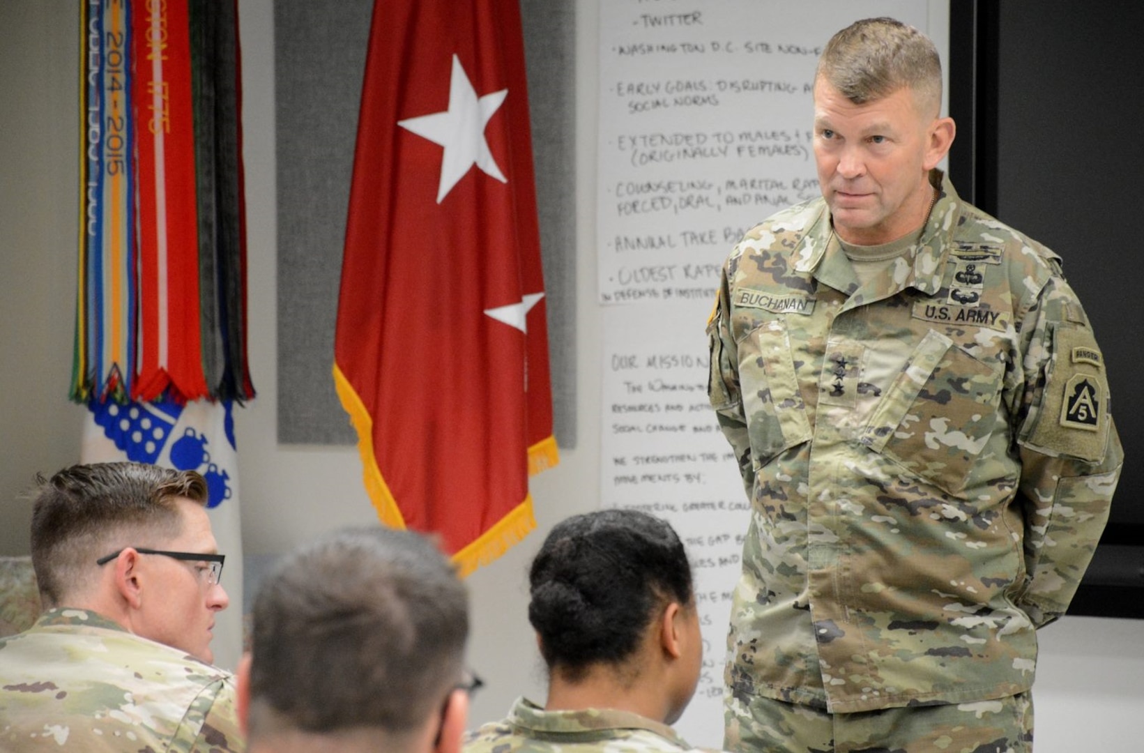 Lt. Gen. Jeffrey Buchanan and Command Sgt. Maj. Alberto Delgado, U. S. Army North (Fifth Army) command team, addressed students recently in the Sexual Harassment/Assault Response and Prevention (U.S. Army SHARP) Foundation Course at held at the Army Medical Department Center and School, Army Health Readiness Center of Excellence at Joint Base San Antonio-Fort Sam Houston.