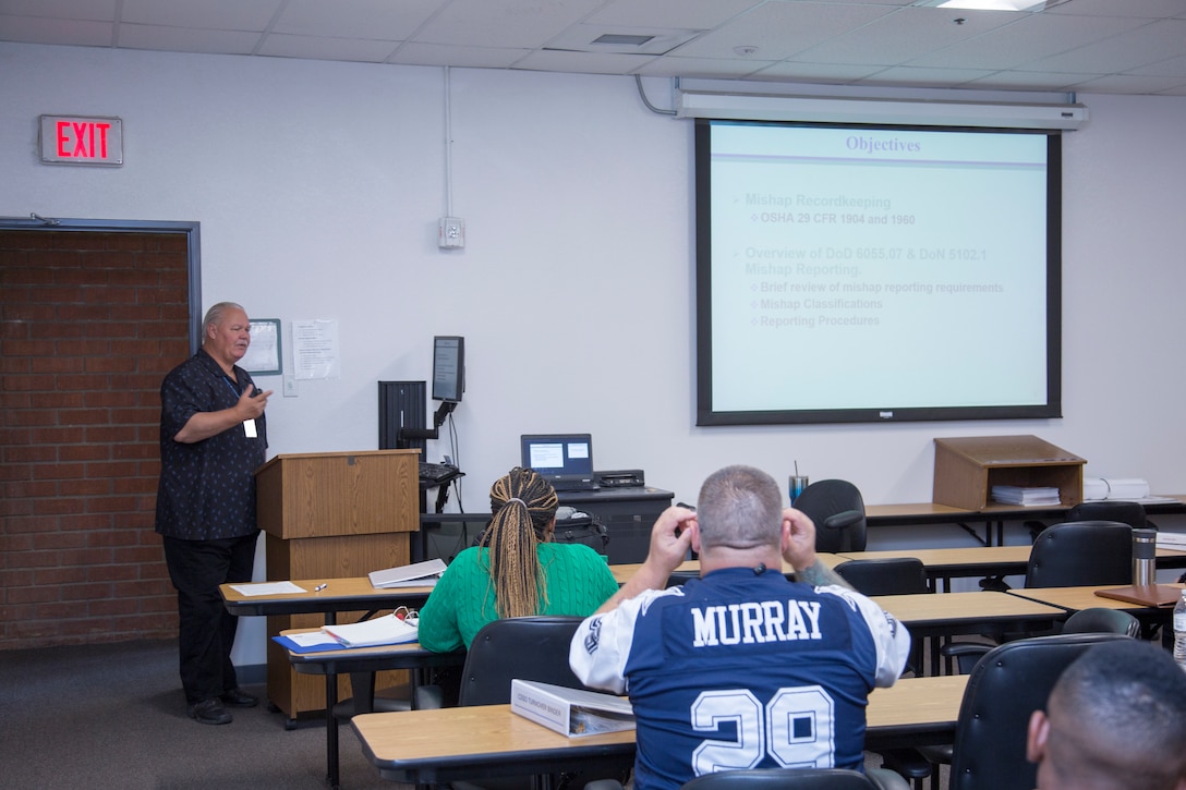 Mark Reeves, safety specialist, conducts a training class for CDSOs aboard Marine Corps Logistics Base Barstow, Calif., recently. Collateral Duty Safety Officers conduct safety inspections for their office, prepare Job Hazard Analysis forms for routine tasks, contact the appropriate repair personnel to fix workplace hazards, and maintain a list of all hazards materials used in the office.