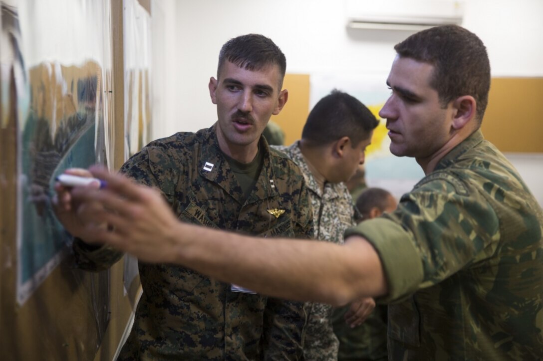 U.S. Marine Capt. David Washburn, a CH-53E Super Stallion helicopter pilot with Special Purpose Marine Air-Ground Task Force - Southern Command, speaks with a Brazilian Naval Infantry tactical air controller during a planning team meeting as part of UNITAS Amphibious in Rio de Janeiro, Aug. 22, 2018. The knowledge gained and procedures put in place during this year’s tabletop exercise will inform the UNITAS Amphibious field training exercise in 2019. The intent for next year’s live event is to embark participating partners at sea. This will serve as a proof of concept for establishing interoperability amongst the region’s navies – and ultimately the development of a standing multinational maritime task force postured to respond to humanitarian assistance and disaster relief situations throughout the region. (U.S. Marine Corps photo by Gunnery Sgt. Zachary Dyer)