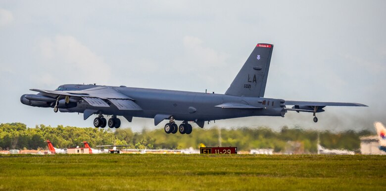 A U.S. Air Force B-52 Stratofortress bomber, assigned to the 96th Expeditionary Bomb Squadron, deployed from Barksdale Air Force Base, Louisiana, takes off from Royal Australian Air Force Base (RAAF) Darwin, Australia, to return to Andersen Air Force Base, Guam, Dec. 9, 2018. The B-52 was in RAAF Darwin, Australia participating in exercise Lightning Focus, an Australian training exercise designed around improving, developing and integrating partner capabilities as part of Enhanced Air Cooperation (EAC) under the Force Posture Initiative between the United States and Australia. (U.S. Air Force photo by Senior Airman Christopher Quail)