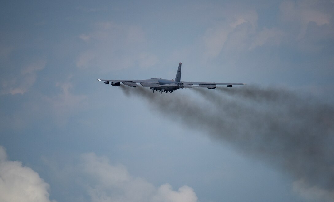 A U.S. Air Force B-52 Stratofortress bomber, assigned to the 96th Expeditionary Bomb Squadron, deployed from Barksdale Air Force Base, Louisiana, takes off from Royal Australian Air Force Base (RAAF) Darwin, Australia, to return to Andersen Air Force Base, Guam, Dec. 9, 2018. The B-52 was in RAAF Darwin, Australia participating in exercise Lightning Focus, an Australian training exercise designed around improving, developing and integrating partner capabilities as part of Enhanced Air Cooperation (EAC) under the Force Posture Initiative between the United States and Australia. (U.S. Air Force photo by Senior Airman Christopher Quail)