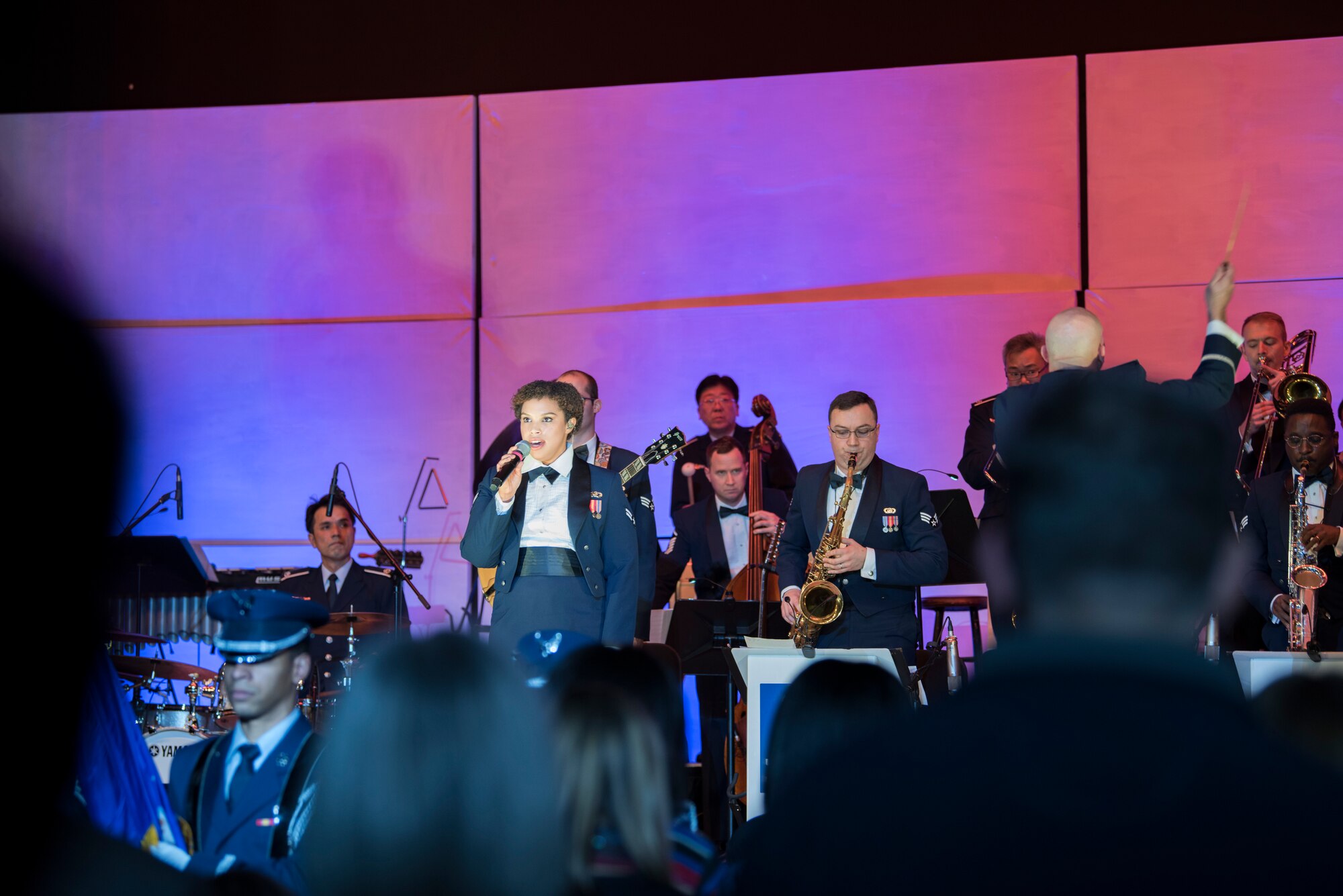 Members of the U.S. Air Force Band of the Pacific and Japan Air Self Defense Force Central Band perform during Sounds of the Season, Dec. 12, 2018, at Yokota Air Base, Japan.
